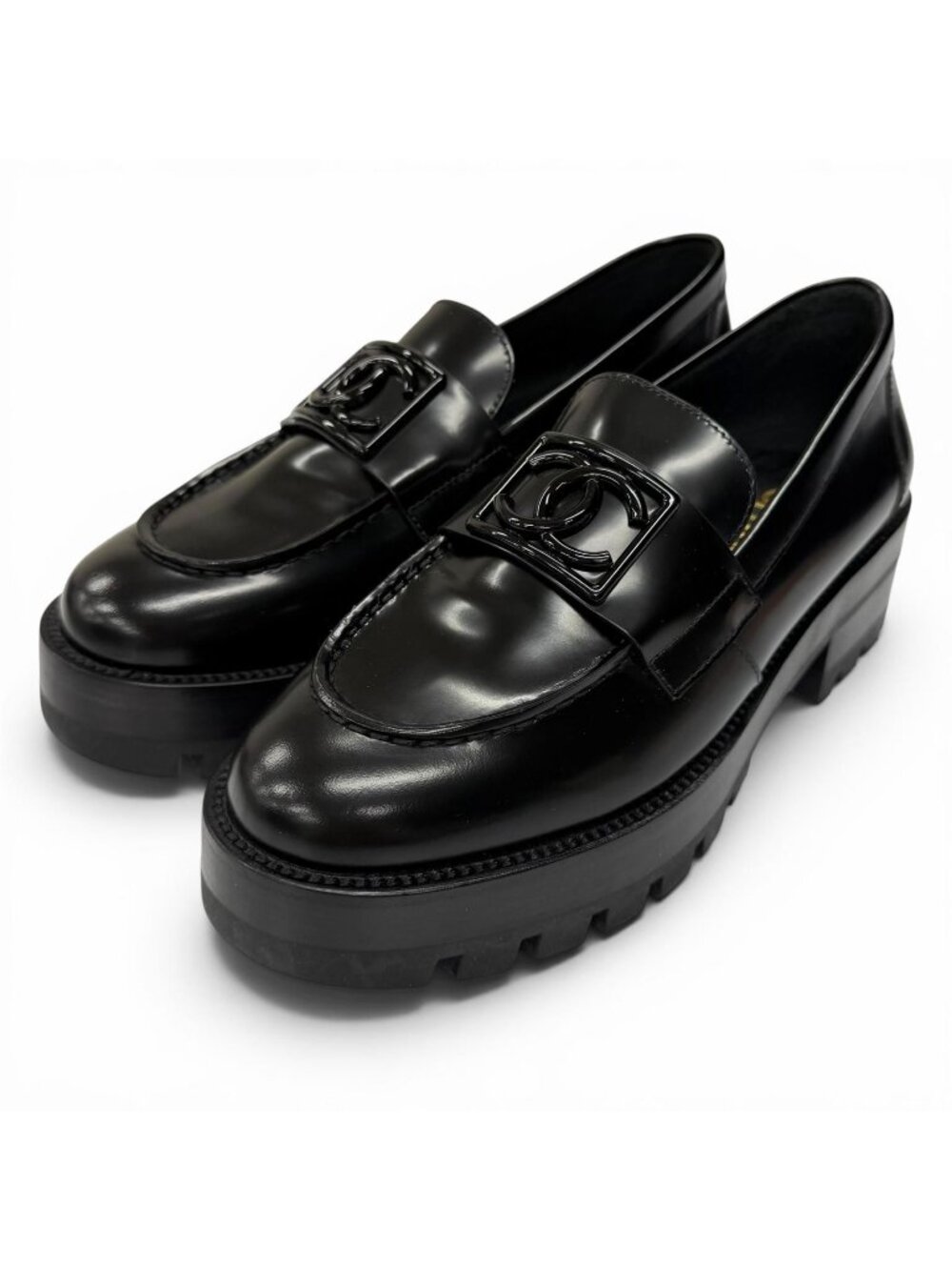 Chanel CC Logo Leather Loafers Shoes Black - Picture 1 of 12